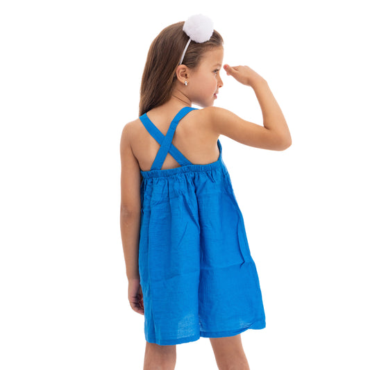 Girls' Blue Sleeveless Dress with Cactus Stitching