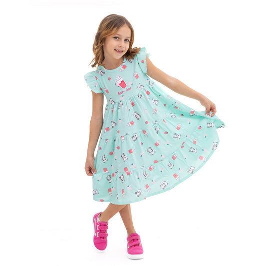 Girls' Pistage Pajama Dress with Chest and All Over Print