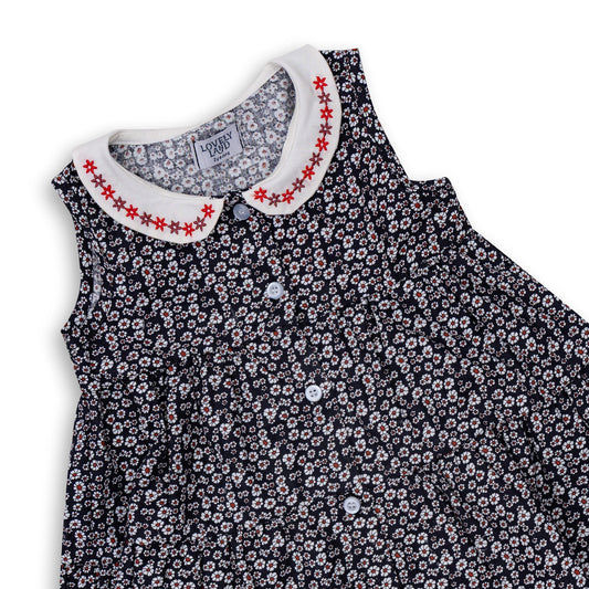 Baby Girls' Black Floral Sleeveless Dress with Decorations on Collar