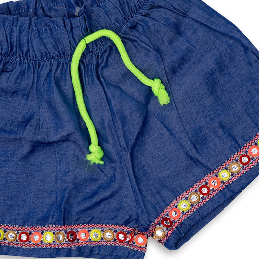 Girls' Blue Jeans Short with Decoration and Laces