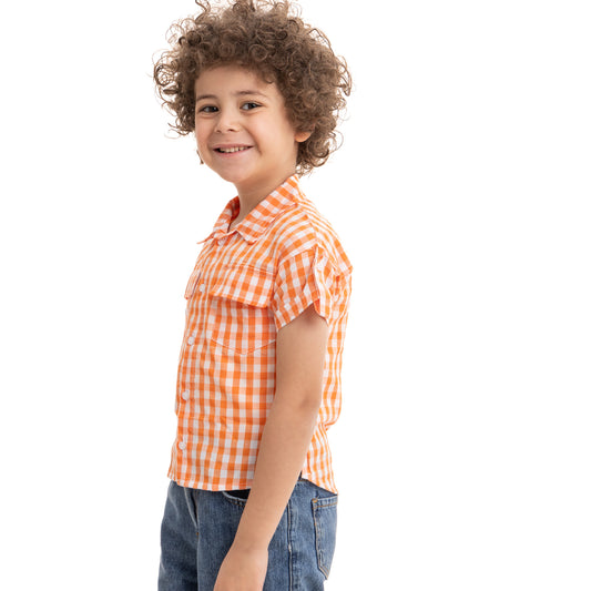 orange and white checkered buttoned up shirt