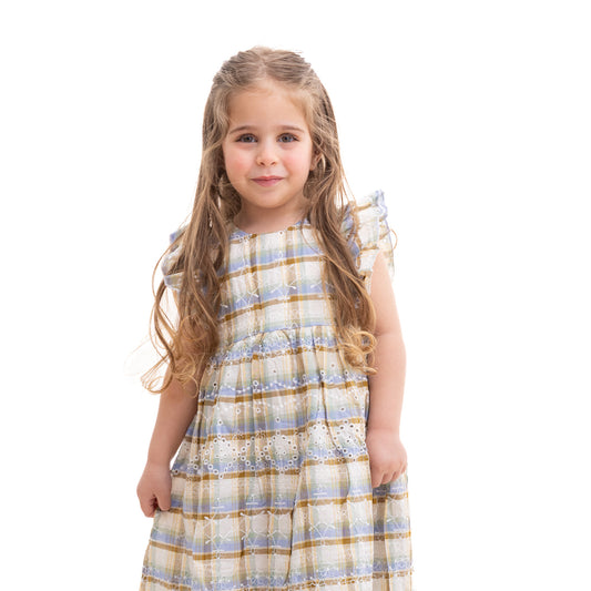 Light blue and brown ruffle dress
