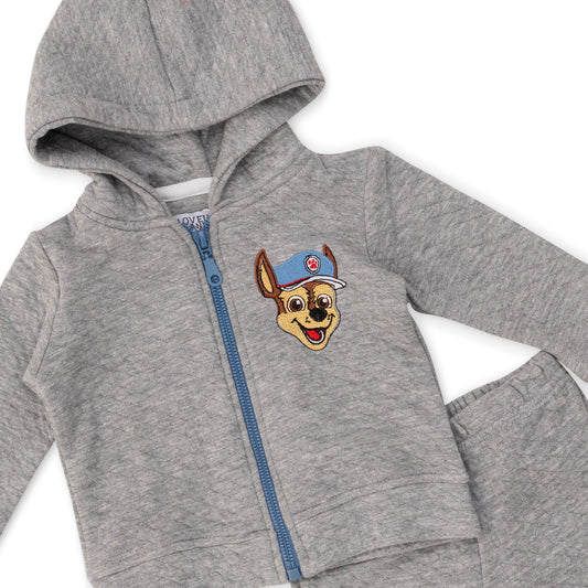 grey hoodied jacket with chest stitching and grey pants