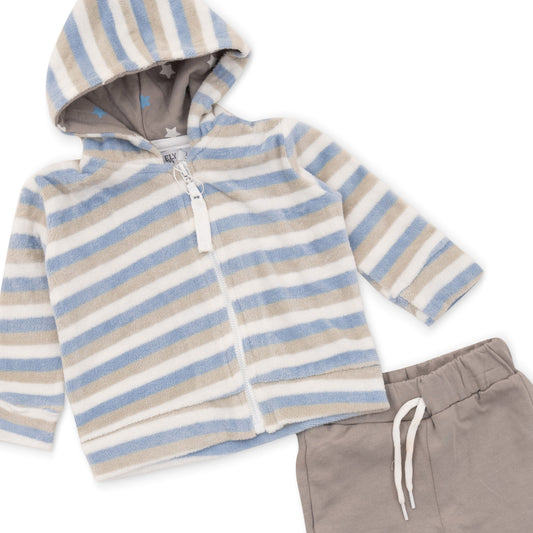 white and blue stripped hoodied jacket and grey pants