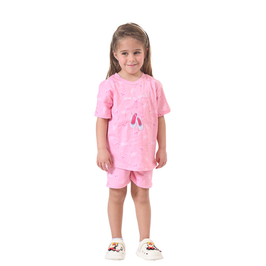 Girls' Cute Pink Pajama Set with a Bow Print