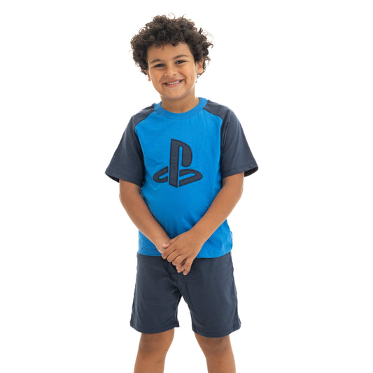 Blue and Dark Blue Pajama Shirt and Short Set