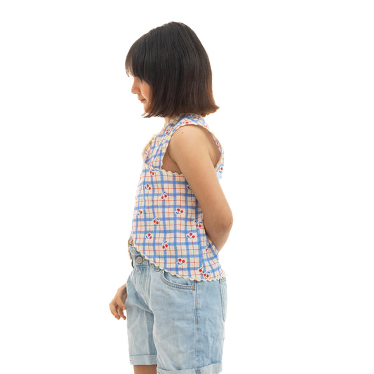 Blue & Beige Cherry Print Girls Blouse