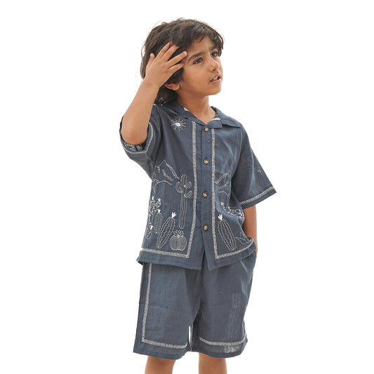 two-piece navy shirt and shorts set