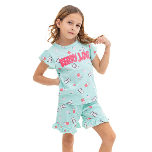 Girls' Cute Turquoise Pajama Set with a Fun Drink Print