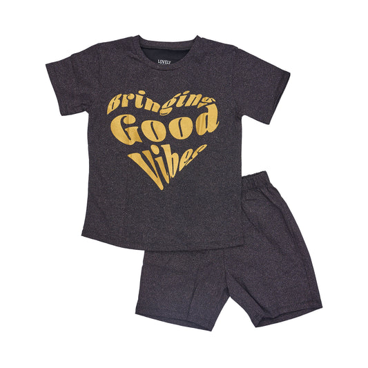 Boys' Black Pajama Short Sleeve Shirt with Chest Print and Black