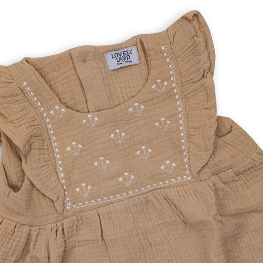 Girls' Beige Sleeveless Dress with Flower Stitching