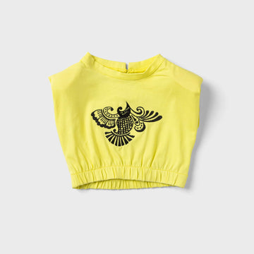 yellow sleeveless embroidered shirt