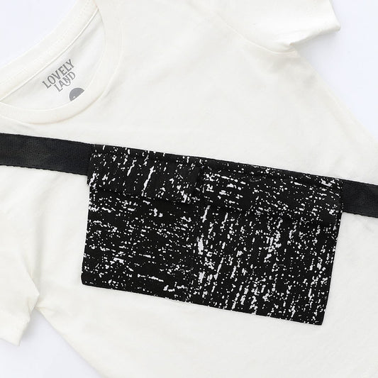 self patterned black white short sleeves boys t shirt with decorated diagonal pockets 1