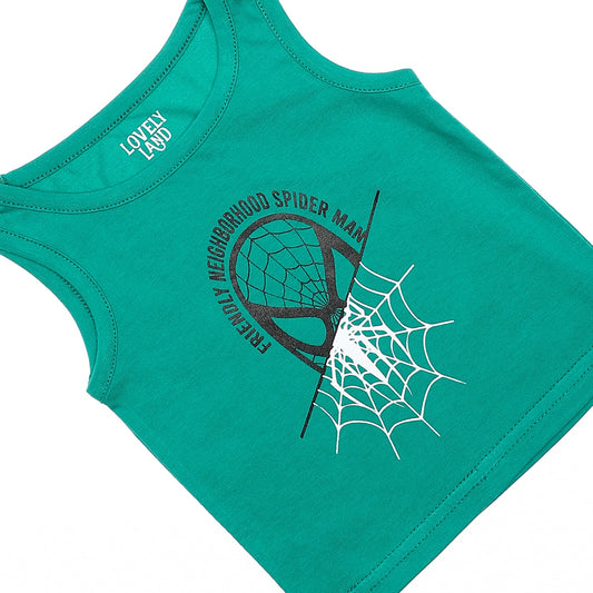 Slip On Sleeveless Printed Spiderman Green, White & Black Baby Boys Tee