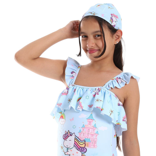 unicorn self pattern ruffle sleeves one piece girls swimsuit sky blue rose white 1
