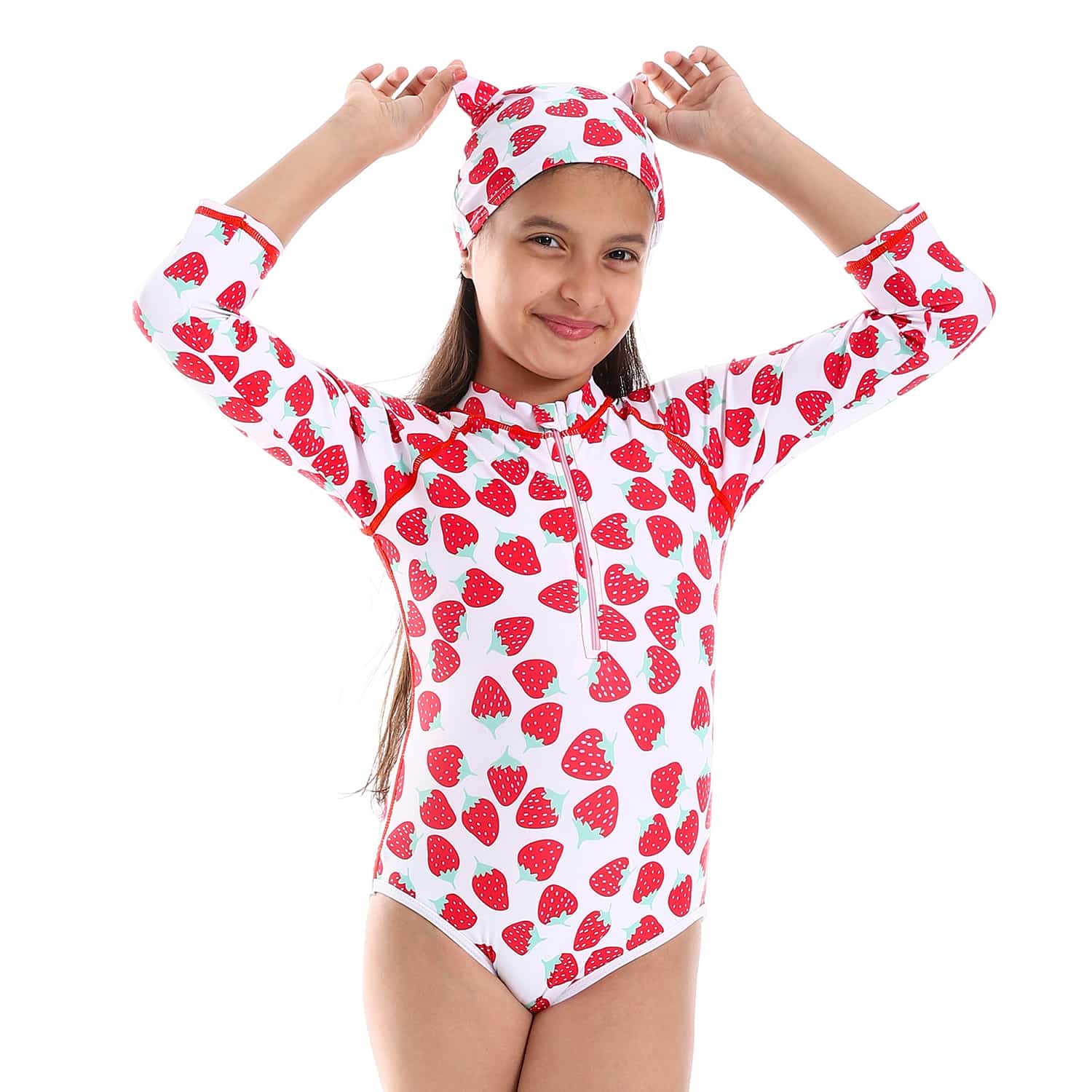 Strawberries Self Pattern Long Sleeves Girls One Piece Swimsuit Red