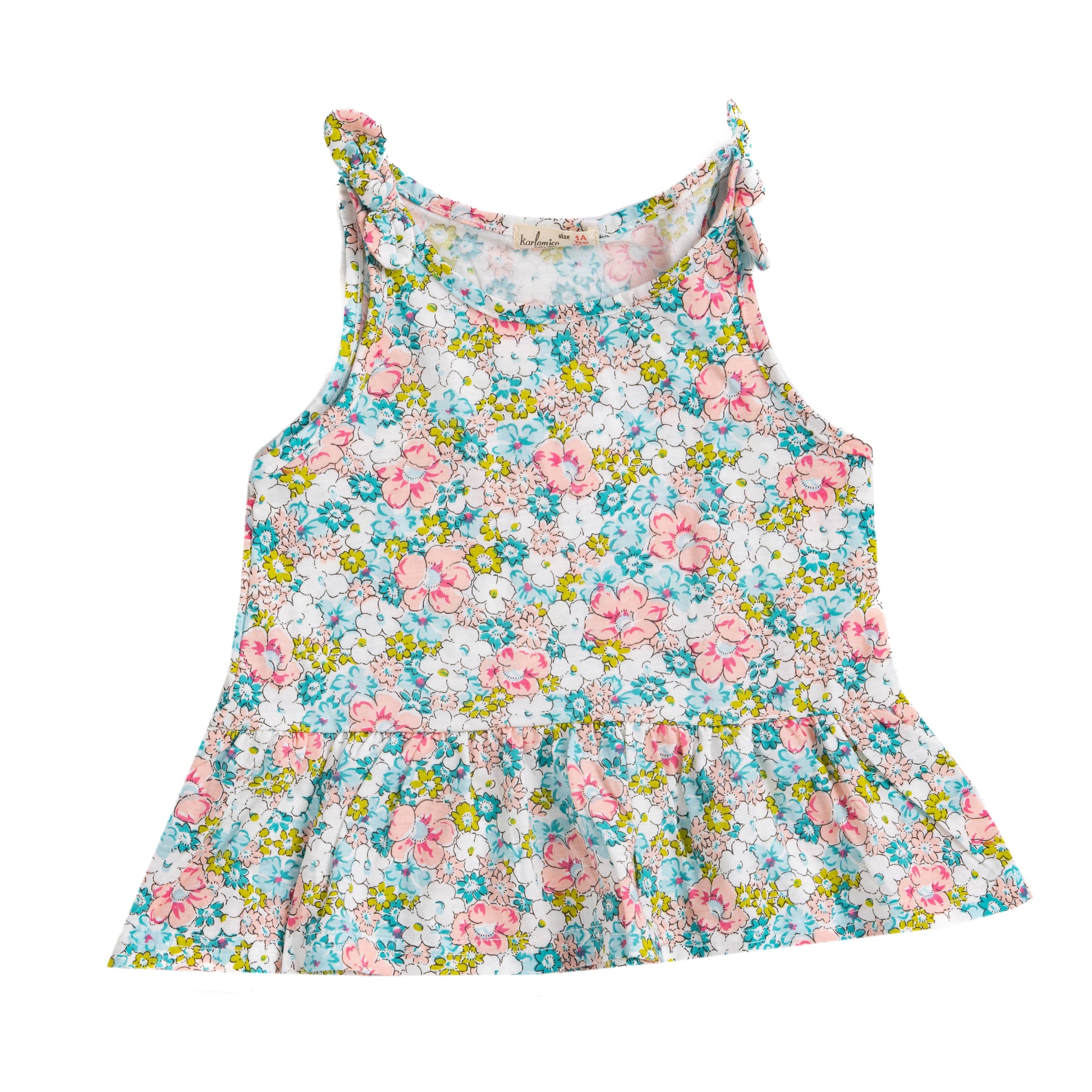 printed sleeveless dress with shoulder laces and bowtie decorations