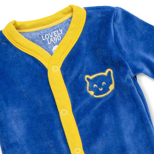 blue and yellow salopette with cat embroidery