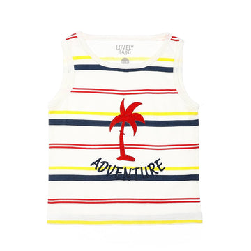 Sleeveless Striped Baby Boys Tee - White, Navy Blue, Yellow & Red