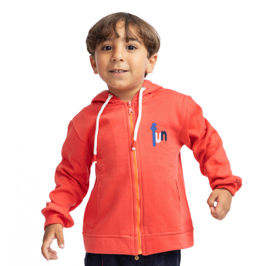 red hoodied jacket with embroidery