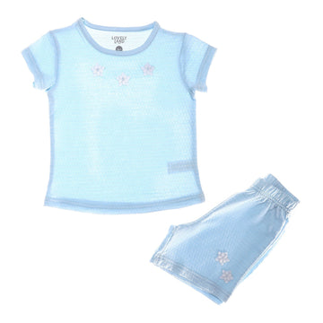 Attached Flowers Baby Blue Polka Dotted Girls Pajama Set