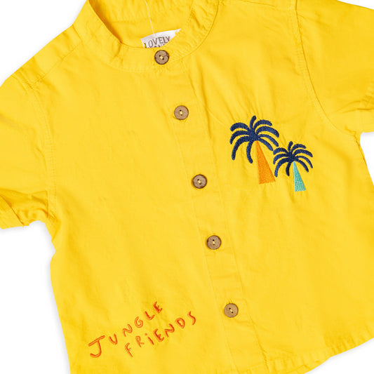 yellow half sleeve buttoned shirt with print