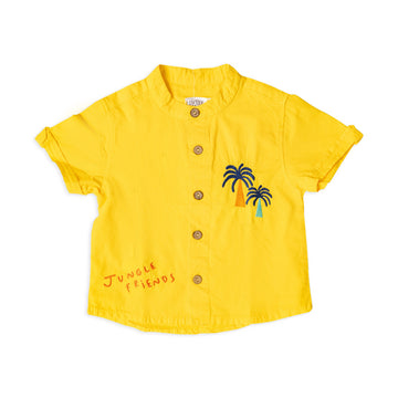 yellow half sleeve buttoned shirt with print