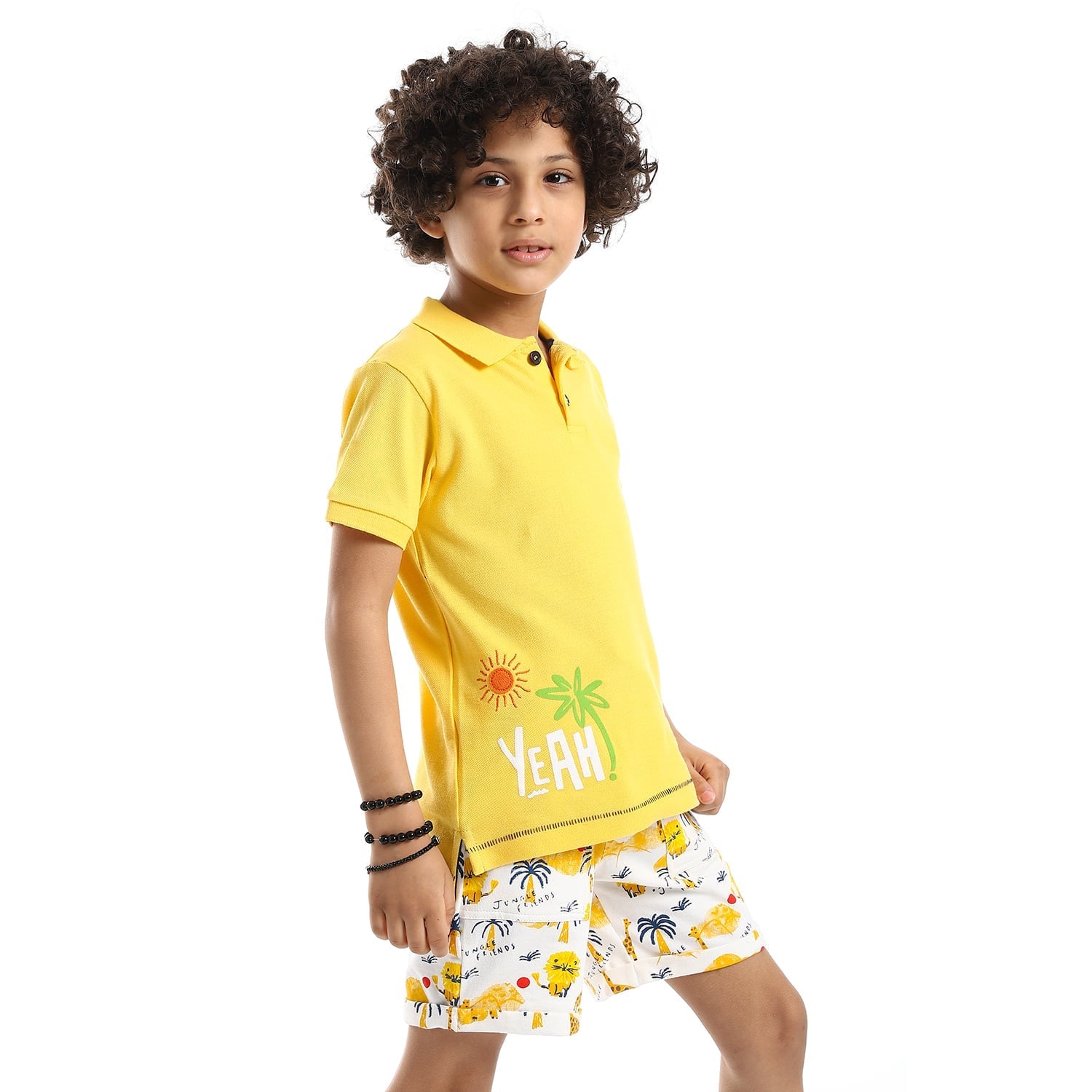 Half Sleeves Pique, Stitched & Printed Boys Polo Shirt - Yellow, Green & Orange