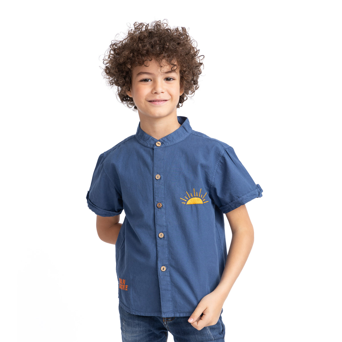Dark Blue Half Sleeve Buttoned Shirt with Print