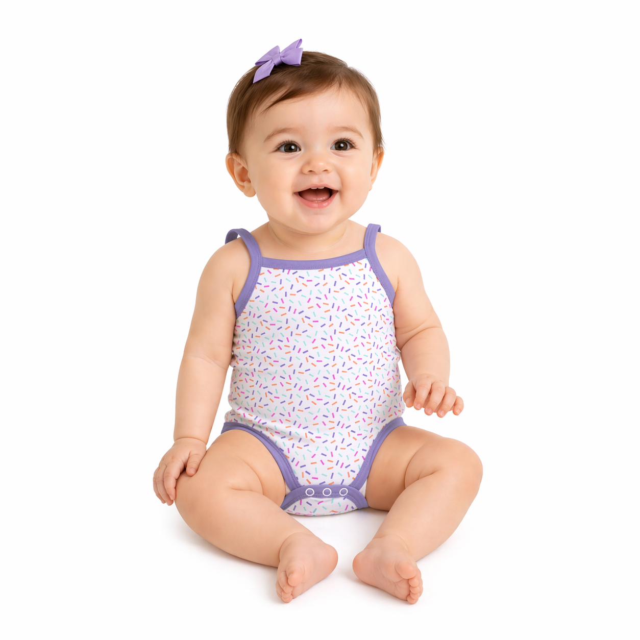 Baby Girls' White Sleeveless Shoulder Strap Onesie with All Over Print