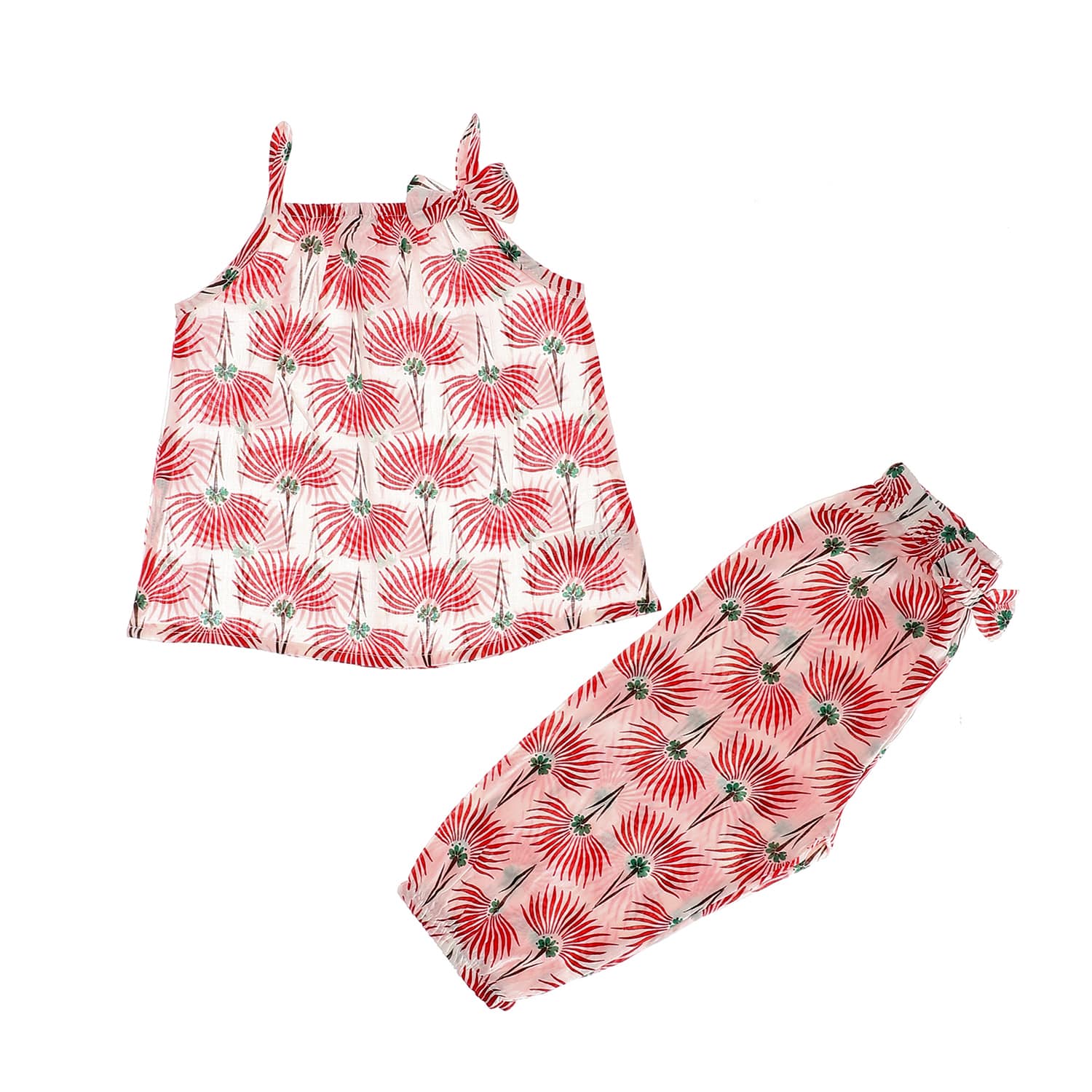 Girls Floral Top & Pants Set - RED & Beige