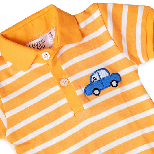 orange stripped salopette with car print