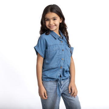 half sleeve blue jeans blouse with with pockets