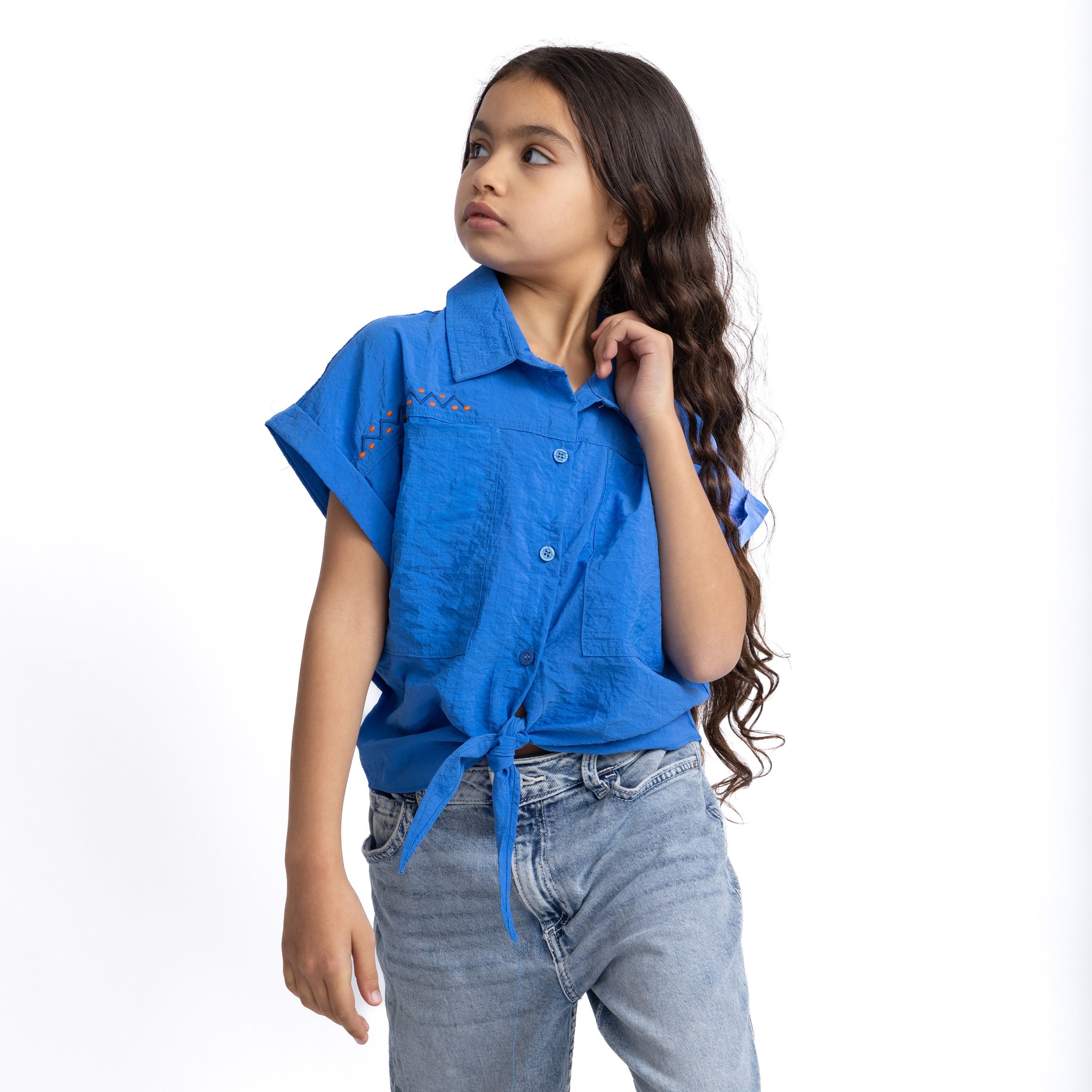 blue blouse with collar and pockets