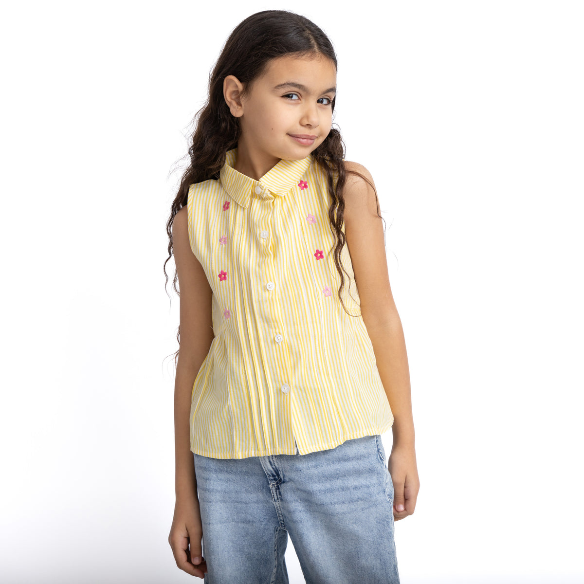 Yellow Blouse with Collar and Flower Stitching