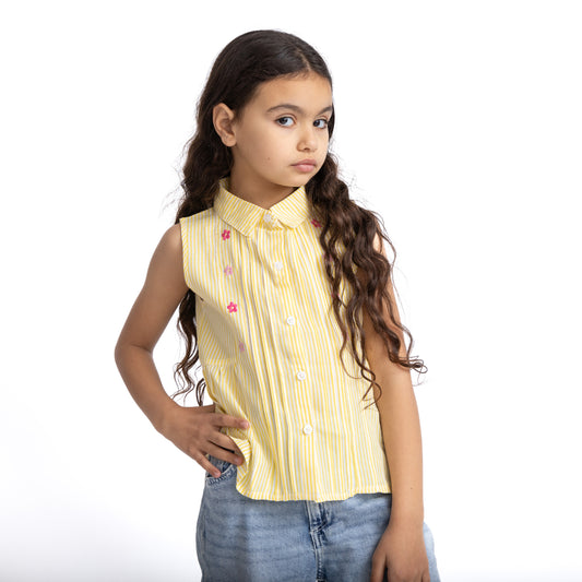 yellow blouse with collar and flower stitching