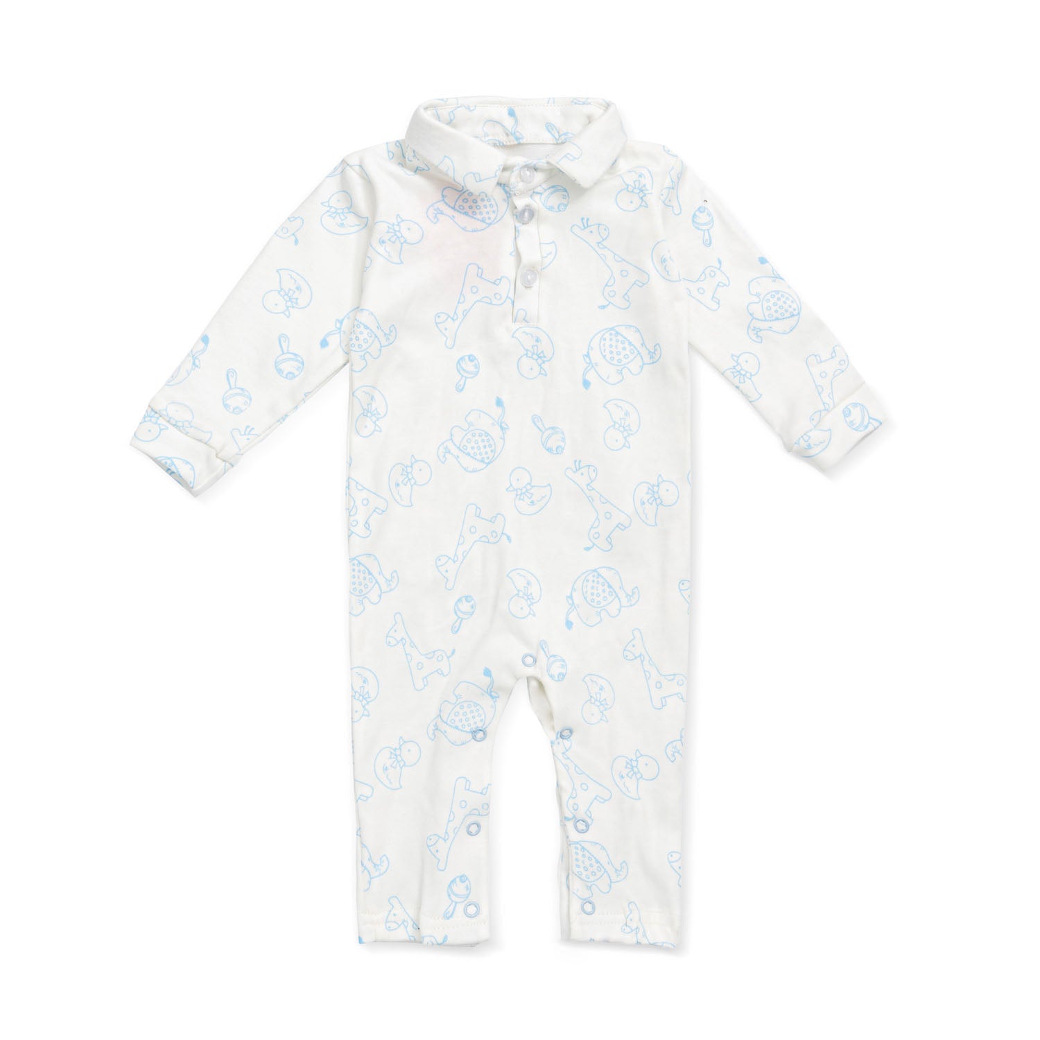 white polo salopette with light blue animal embroidery pattern