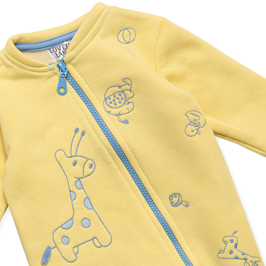 yellow salopette with blue animal pattern embroidery