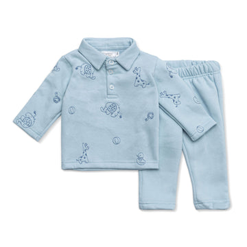 blue polo shirt with animal pattern embroidery and blue pants pyjama