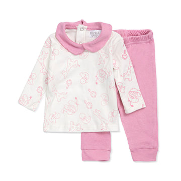 hite shirt with pink animal pattern embroidery and pink pants pyjama