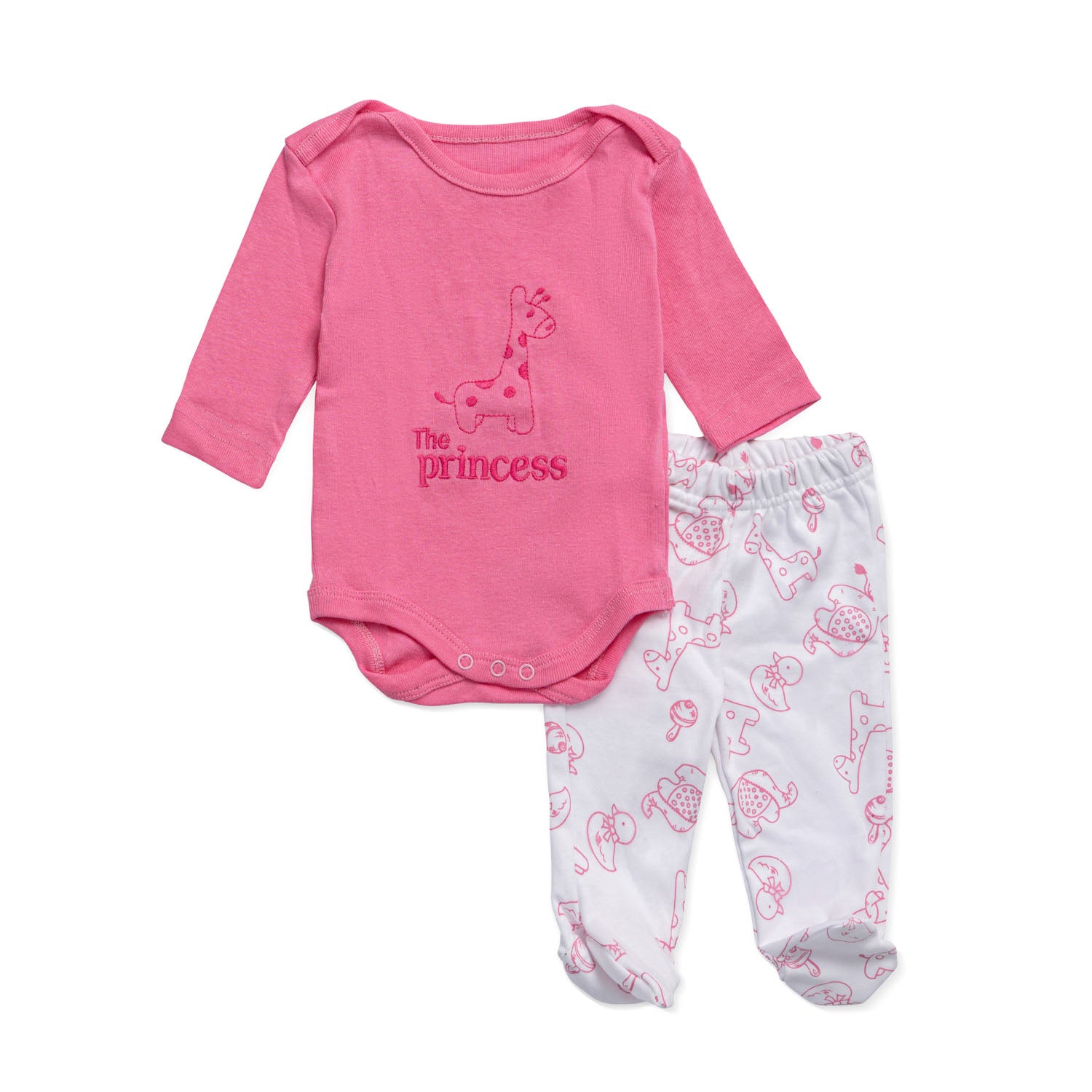 pink salopette with princess and animal pattern embroidery and white pants with pink animal pattern embroidery