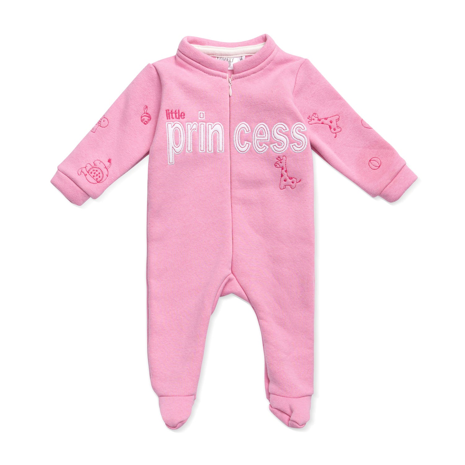 pink salopette with princess and animal pattern embroidery