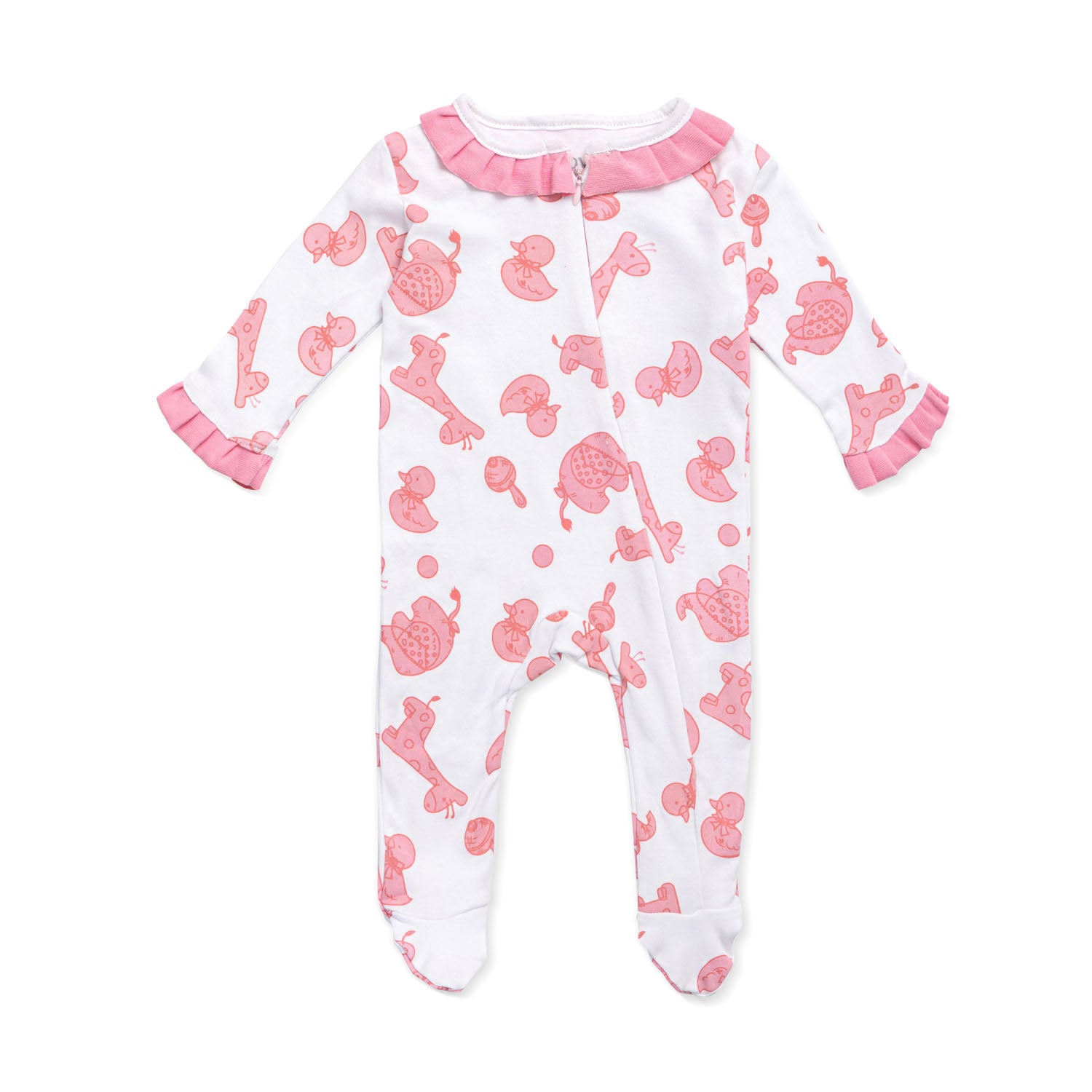 white salopette with pink animal pattern embroidery