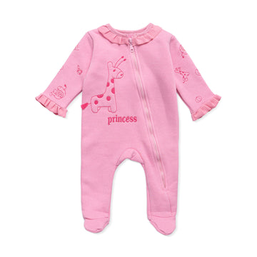 pink salopette with princess and animal pattern embroidery