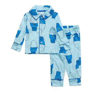 light blue buttoned up shirt with ice cream print and light blue pants with ice cream print pyjama