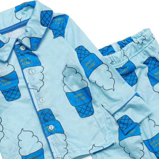 light blue buttoned up shirt with ice cream print and light blue pants with ice cream print pyjama