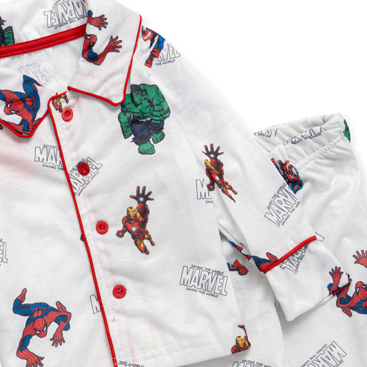 white buttoned up shirt with marvel print and white pants with marvel print pyjama