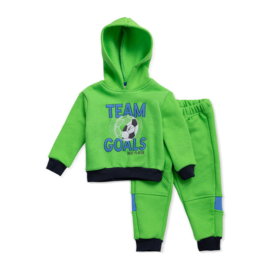 green hoodied shirt with a team goals design and green pants