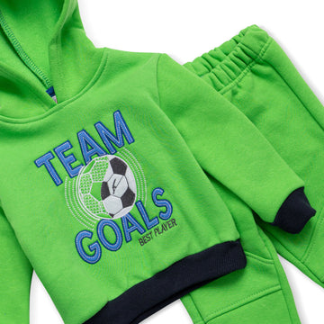 green hoodied shirt with a team goals design and green pants