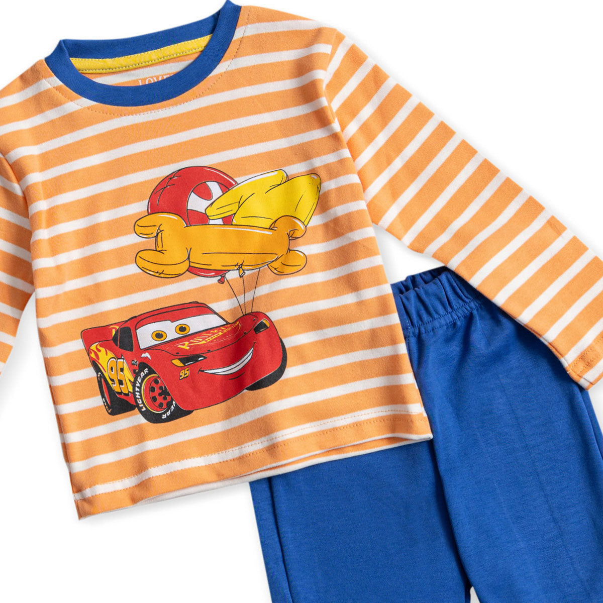 orange and white stripped shirt with cars and blue pants pyjama
